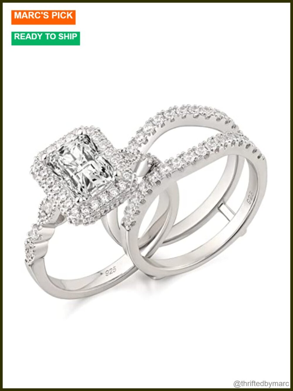 Sterling Silver Moissanite Bridal Set Radiant Cut Wedding Rings
